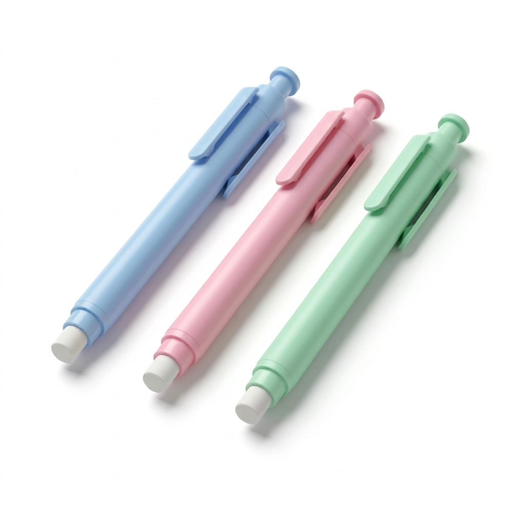 A high-definition product image of three STAEDTLER retractable stick erasers in blue, pink, and green on a white background.