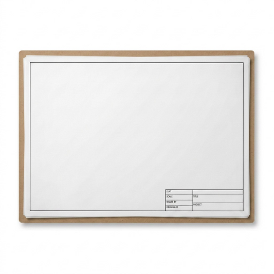A high-resolution ecommerce hero shot of a cardboard-backed drawing pad with white paper.