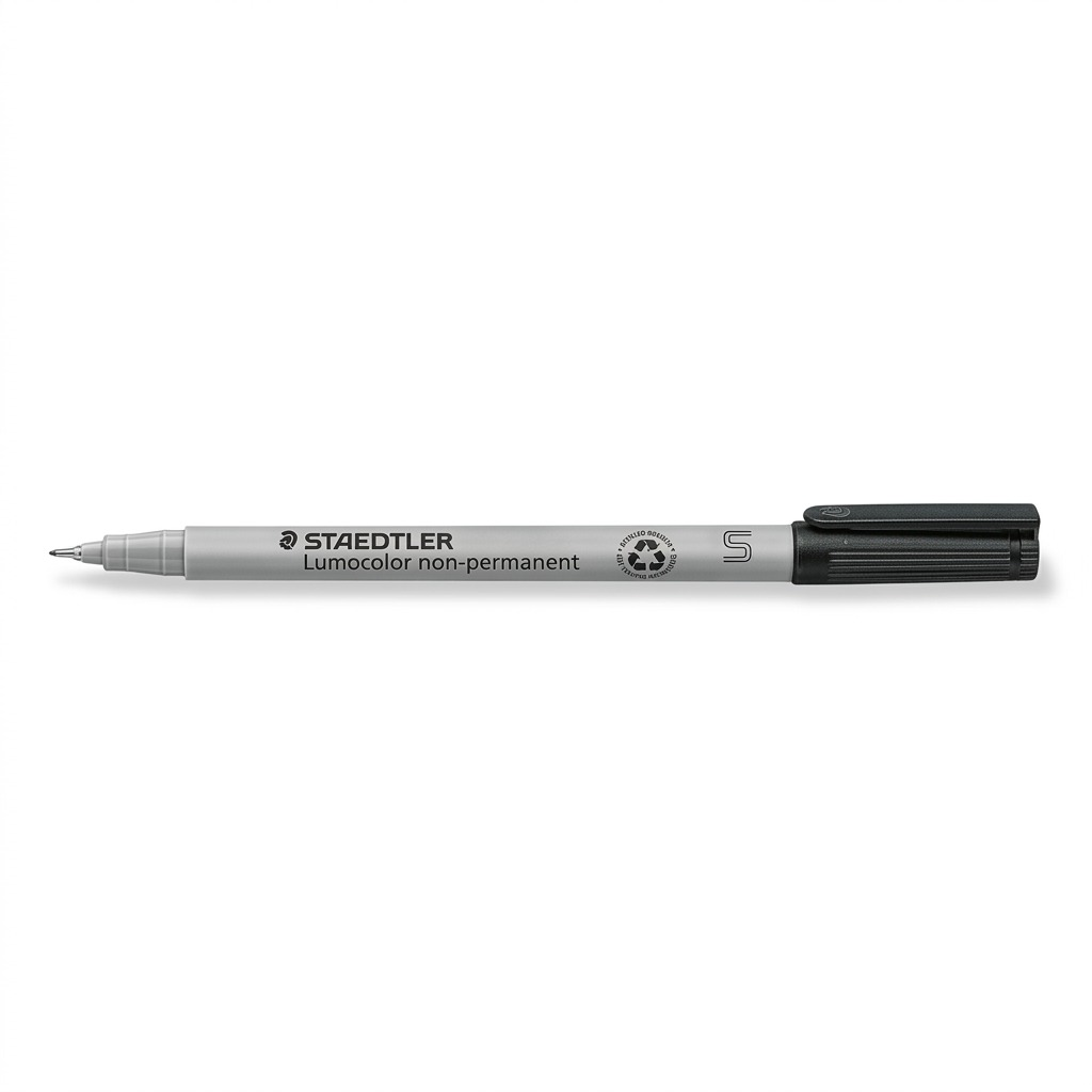 High-resolution hero shot of STAEDTLER Lumocolor non-permanent superfine pen on a pure white background.