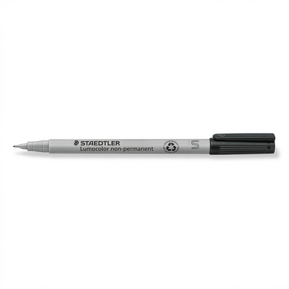 High-resolution hero shot of STAEDTLER Lumocolor non-permanent superfine pen on a pure white background.