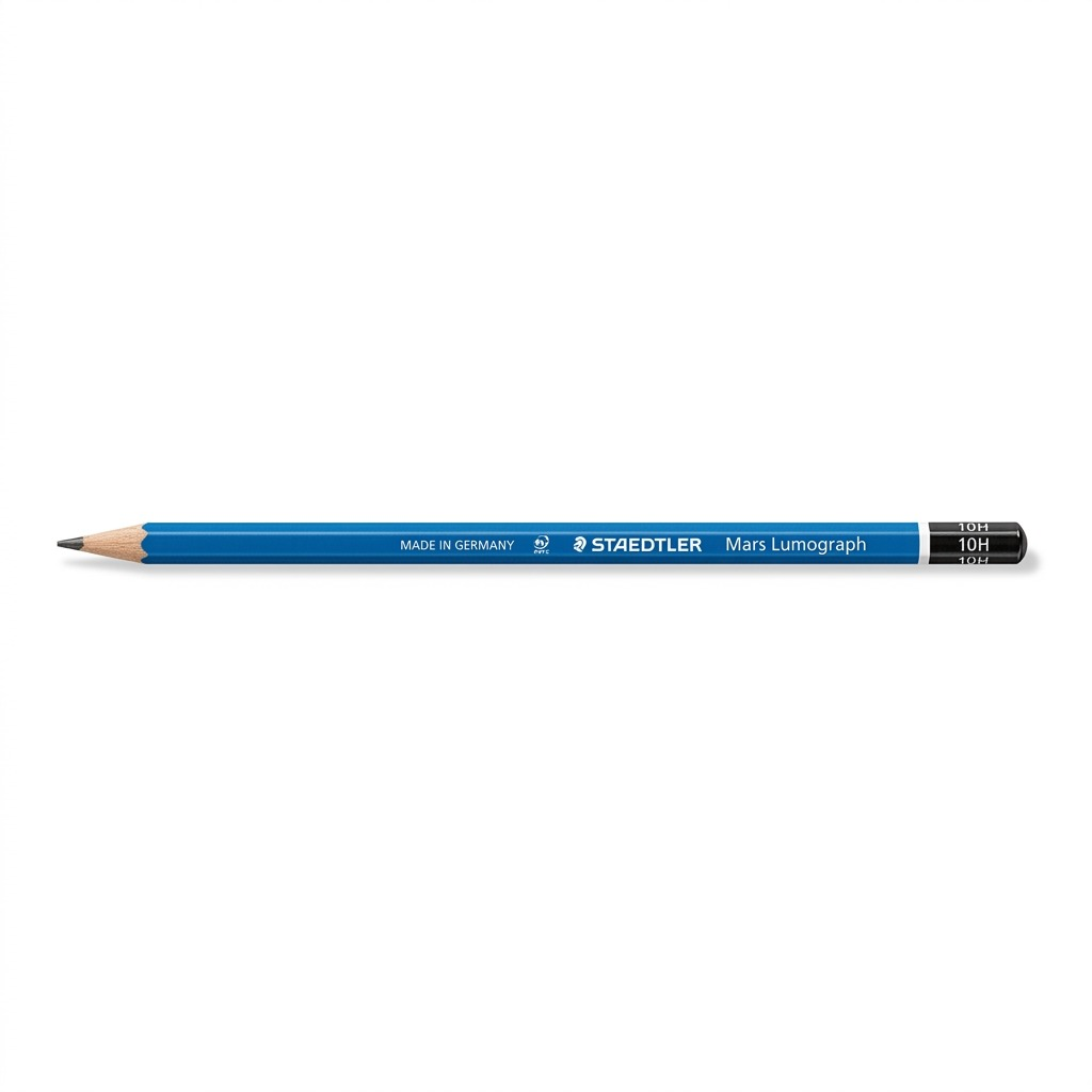 Single STAEDTLER Mars Lumograph 10H drawing pencil with iconic blue hexagonal barrel, sharpened, on white.