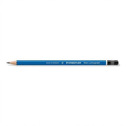 Single STAEDTLER Mars Lumograph 10H drawing pencil with iconic blue hexagonal barrel, sharpened, on white.