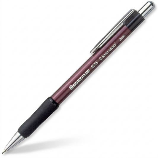 A high-resolution, centered view of the STAEDTLER 9705S 0.5mm Elite mechanical pencil, showcasing its maroon barrel, black grip, chrome accents, and branding, against a pure white background.