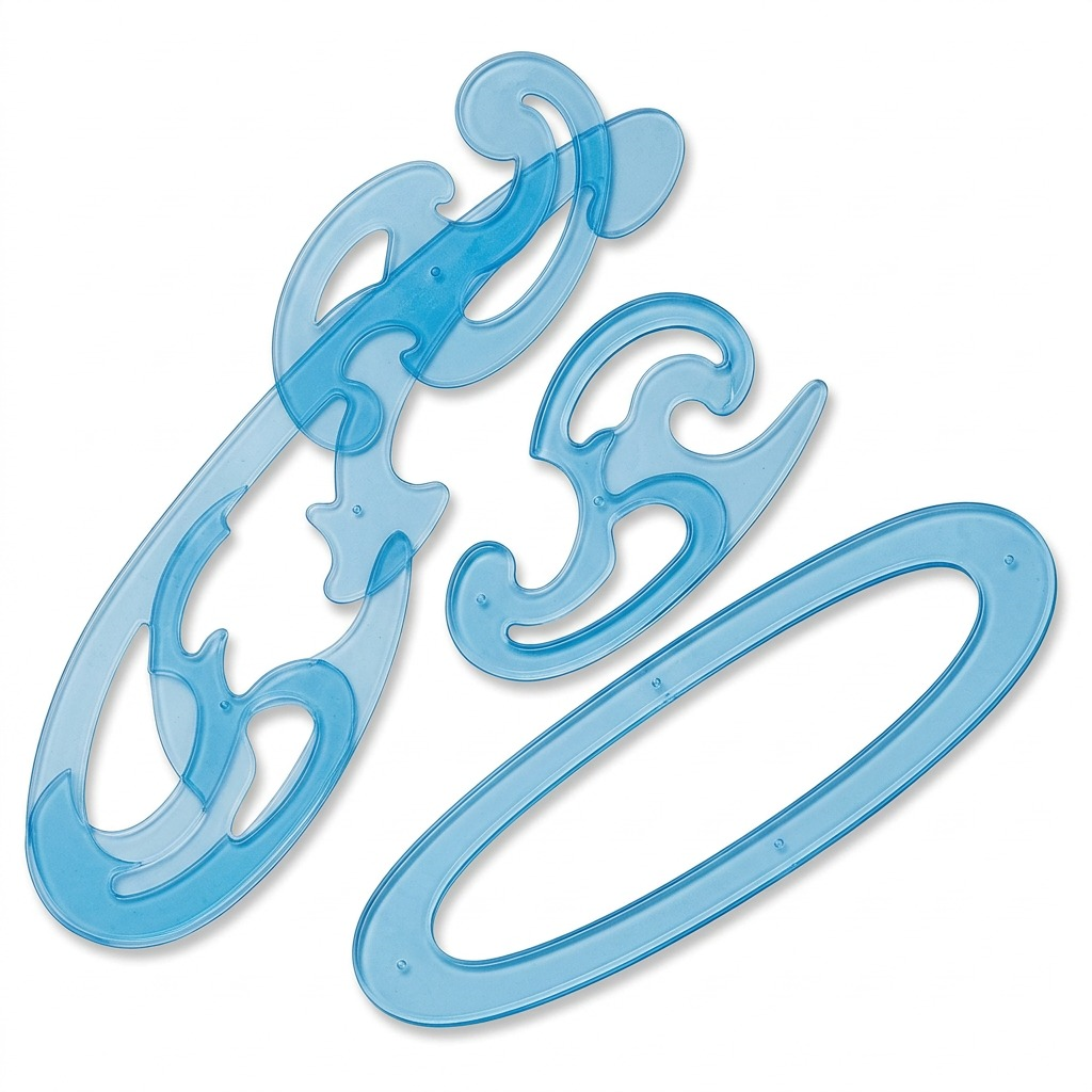 A high-resolution product shot of the three blue translucent STAEDTLER Mars French curves from image_0.png, without packaging, arranged neatly on a pure white background with a subtle shadow.
