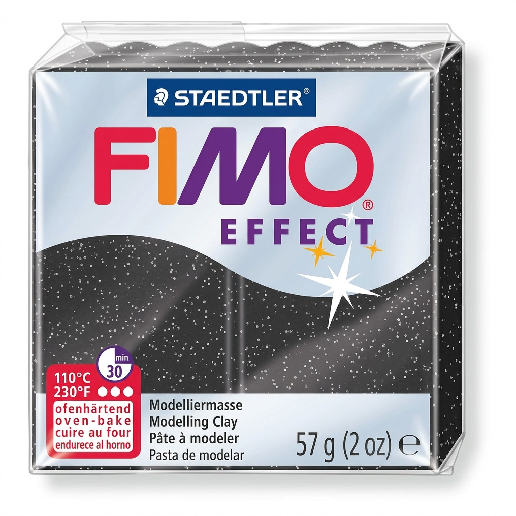 Pure studio photograph of one single 57g (2 oz) block of black Staedtler Fimo Effect Stardust polymer clay in its clear plastic packaging, showing the glitter finish, Staedtler and Fimo Effect branding, and weight, isolated on a perfect white background, centered with clean high-resolution details.