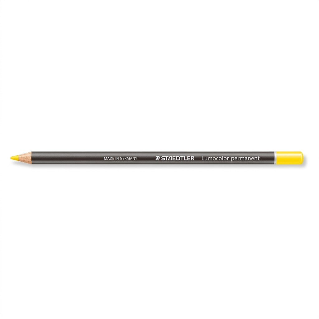 A clean, high-resolution hero shot on white, featuring the STAEDTLER Lumocolor yellow dry marker pencil.