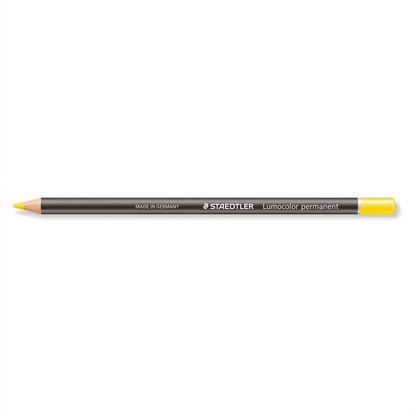 A clean, high-resolution hero shot on white, featuring the STAEDTLER Lumocolor yellow dry marker pencil.