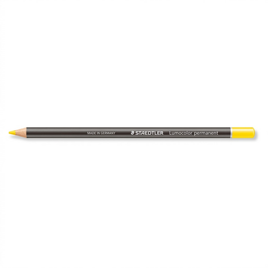 A clean, high-resolution hero shot on white, featuring the STAEDTLER Lumocolor yellow dry marker pencil.