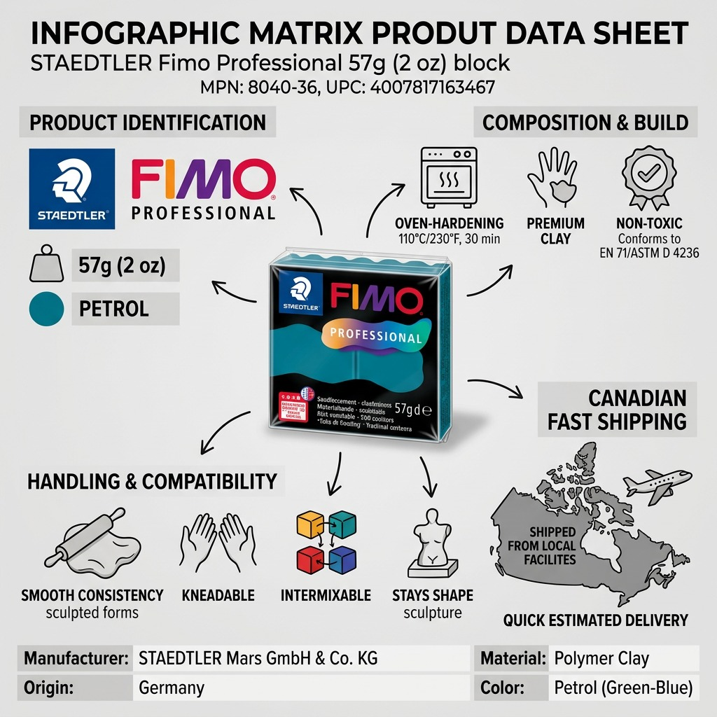 Infographic matrix showing a STAEDTLER Fimo Professional 57g (2 oz) block in petrol color. Top section lists features: STAEDTLER brand, 2oz (57g), professional-grade, smooth, oven-bake, non-toxic, and UPC/MPN. Icons next to a map and flag indicate fast Canadian shipping from local facilities.