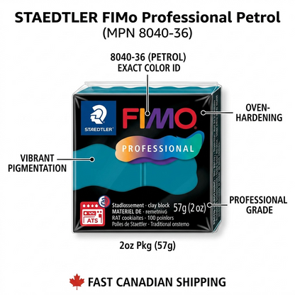 A professional feature graphic for STAEDTLER Fimo Petrol clay with key technical data callouts, plus a Fast Canadian Shipping logo.