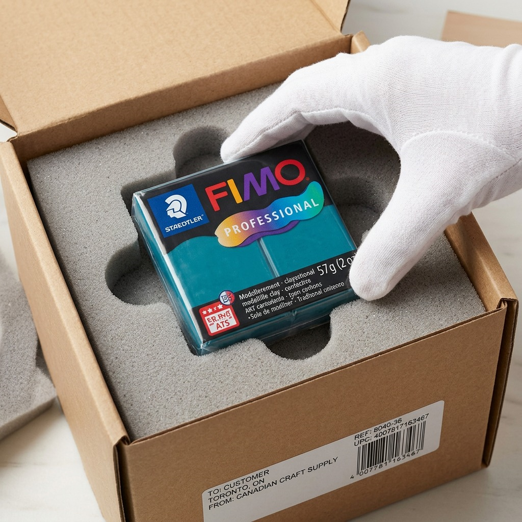 A realistic, high-quality photograph showing the STAEDTLER Fimo Professional Petrol-colored modelling clay block (as seen in image_0.png) in its clear plastic wrap, nestled securely and undamaged within customized, protective foam padding and a neutral shipping box. This demonstrates safe product delivery.