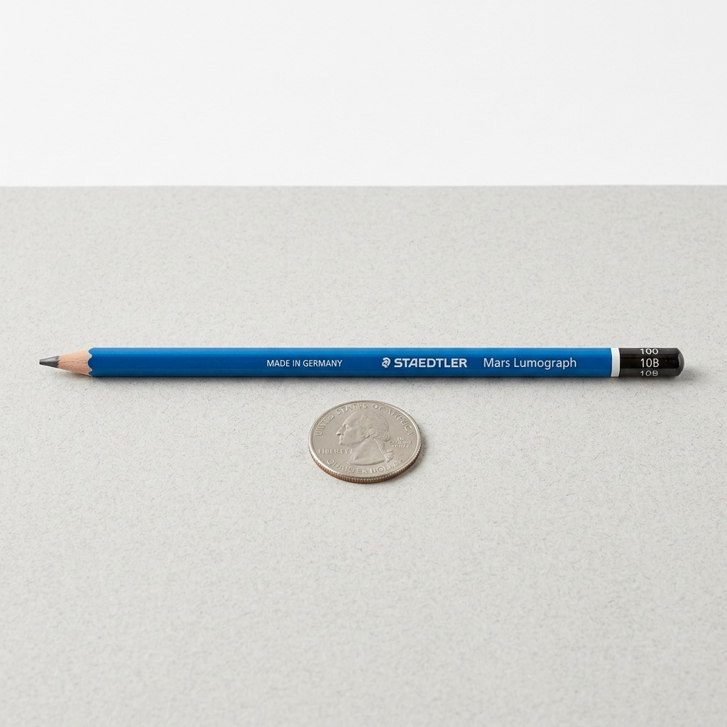 A photo of the Mars Lumograph 10B pencil horizontally on a desk beside a US Quarter for scale reference.