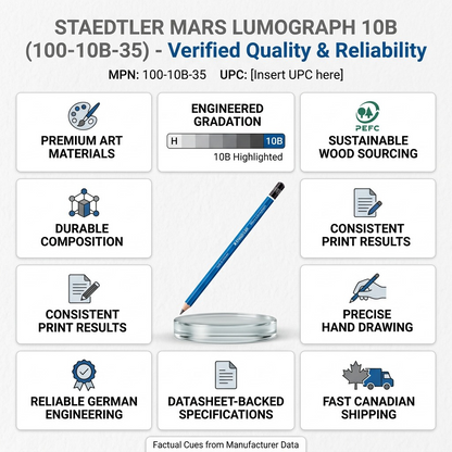 A trust infographic displaying the STAEDTLER Mars Lumograph 10B pencil with nine factual cues and icons.