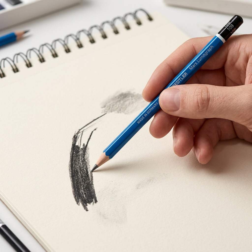 A photorealistic close-up of the specific STAEDTLER Mars Lumograph 10B pencil being used on a sketchbook page.