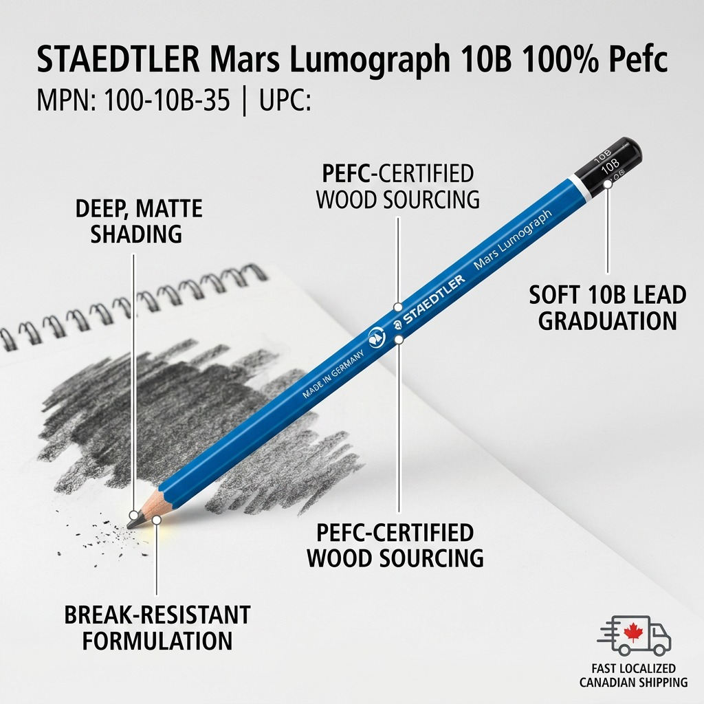STAEDTLER Mars Lumograph 10B pencil with feature callout labels on a sketchbook paper background.