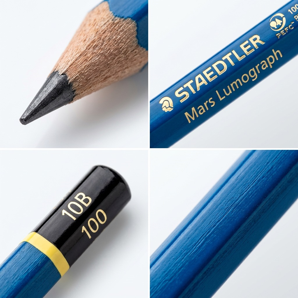 A macro photo of the Staedtler Mars Lumograph 10B pencil tip, end cap detail, and gold text print.