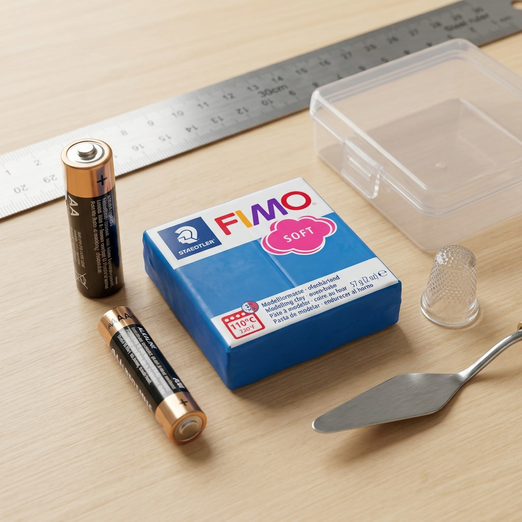 A realistic scale reference image showing the STAEDTLER Fimo Soft Pacific Blue 57g block (product image reference) next to standard AA and AAA batteries. The products rest on a clean, light wood desk surface with soft, diffused lighting. No packaging or text is visible, emphasizing the raw clay form.