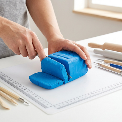 A realistic photo shows a block of Fimo Soft Pacific Blue clay being sliced by a craft knife on a white cutting mat.