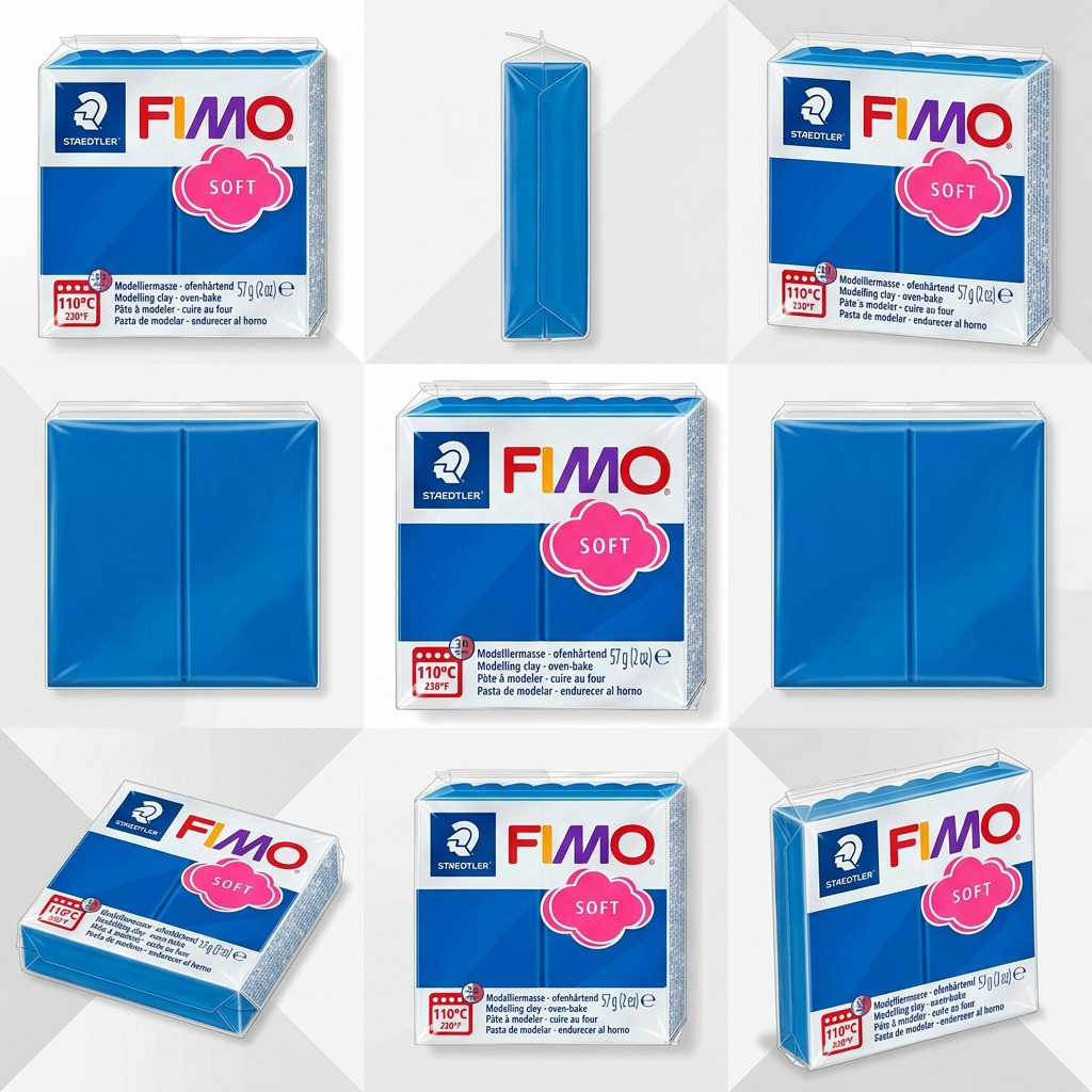 A premium 3x3 grid image featuring multiple angles and views of the STAEDTLER Fimo Soft Pacific Blue modelling clay.