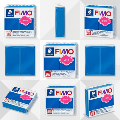 A premium 3x3 grid image featuring multiple angles and views of the STAEDTLER Fimo Soft Pacific Blue modelling clay.