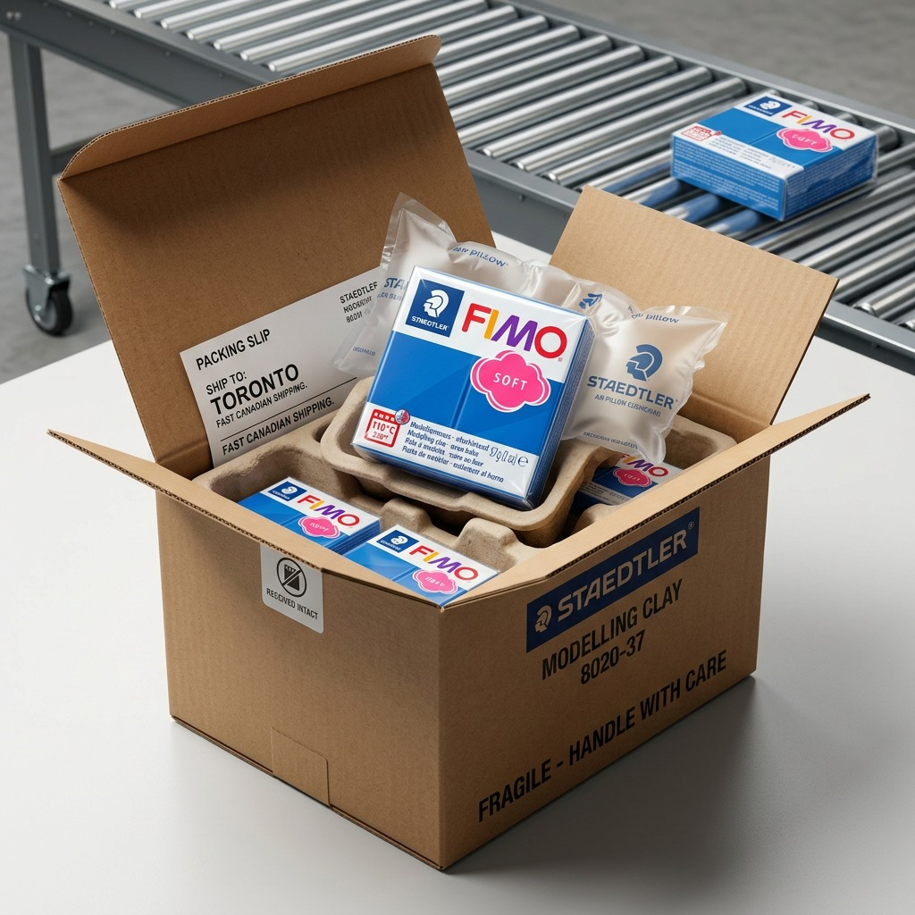 Premium photo of a Staedtler FIMO Soft Pacific Blue clay block being protected by clear air pillows in a shipping box.