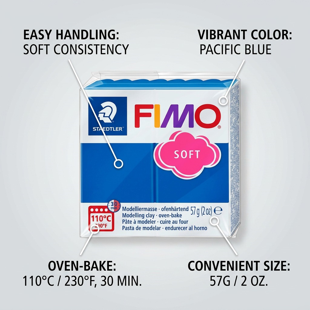 Premarket graphic matrix with callouts for Fimo Soft Pacific Blue properties: Soft clay, vibrant color, oven-bake, 57g.