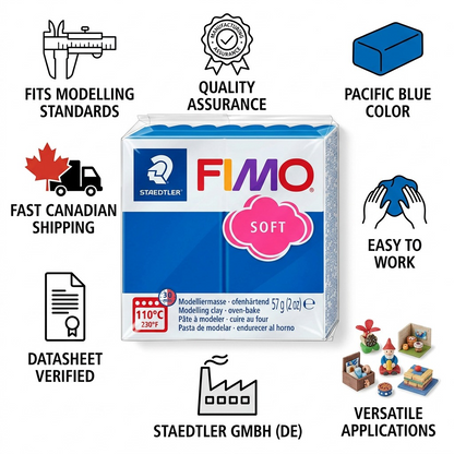 STAEDTLER Fimo Soft Pacific Blue clay package as a trusted product, with data points & fast Canadian shipping icons.