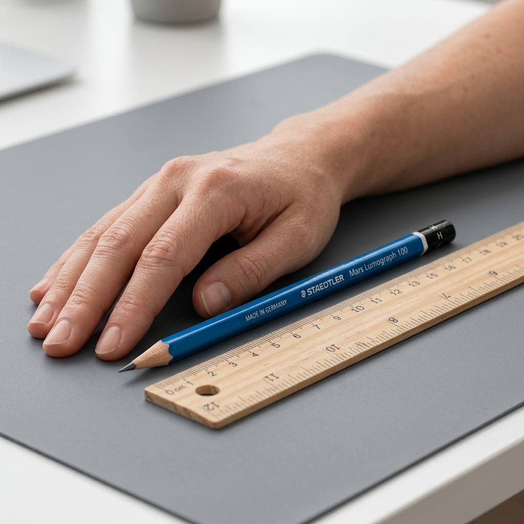 A close-up photograph shows the STAEDTLER Mars Lumograph 100 H pencil resting parallel to a standard wooden ruler on a drawing table.