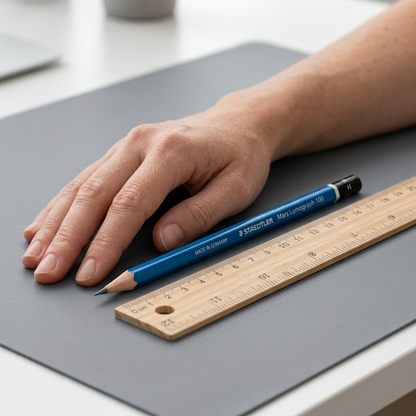 A close-up photograph shows the STAEDTLER Mars Lumograph 100 H pencil resting parallel to a standard wooden ruler on a drawing table.