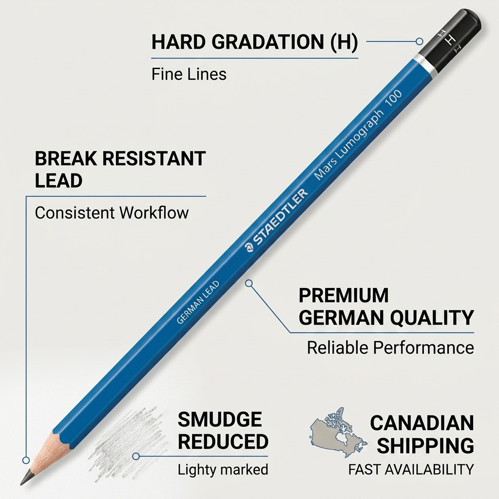 An operational feature callout graphic presenting the STAEDTLER Lumograph H pencil with labels for its key capabilities.