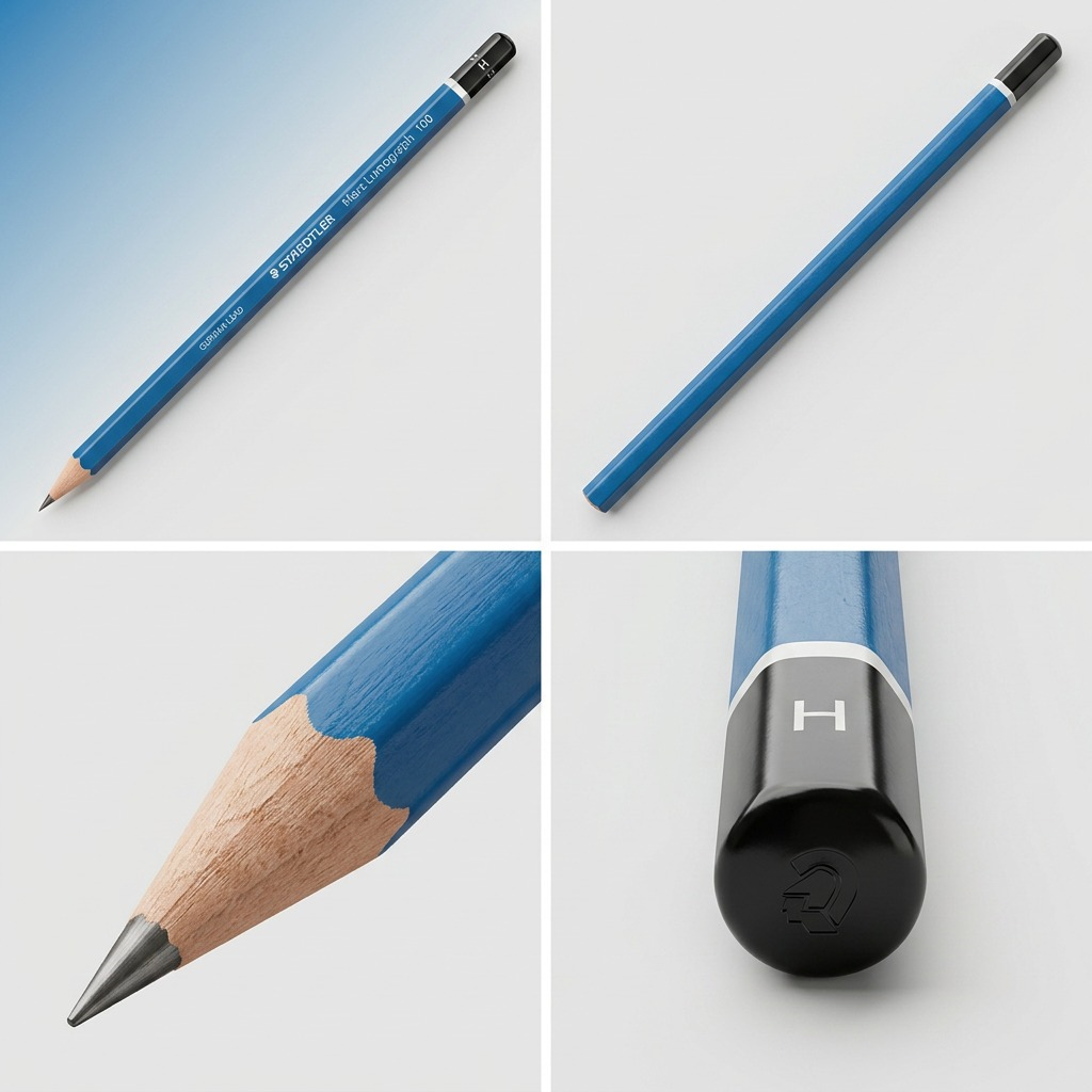 A visual matrix showing the blue STAEDTLER Mars Lumograph H pencil from multiple useful angles.