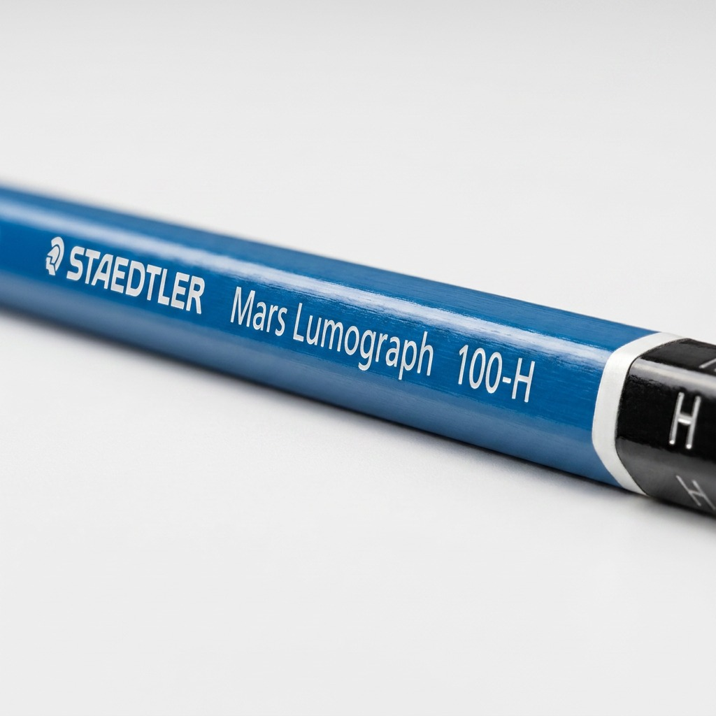Extreme close-up of a Staedtler Mars Lumograph H pencil barrel showing text and wood grain.
