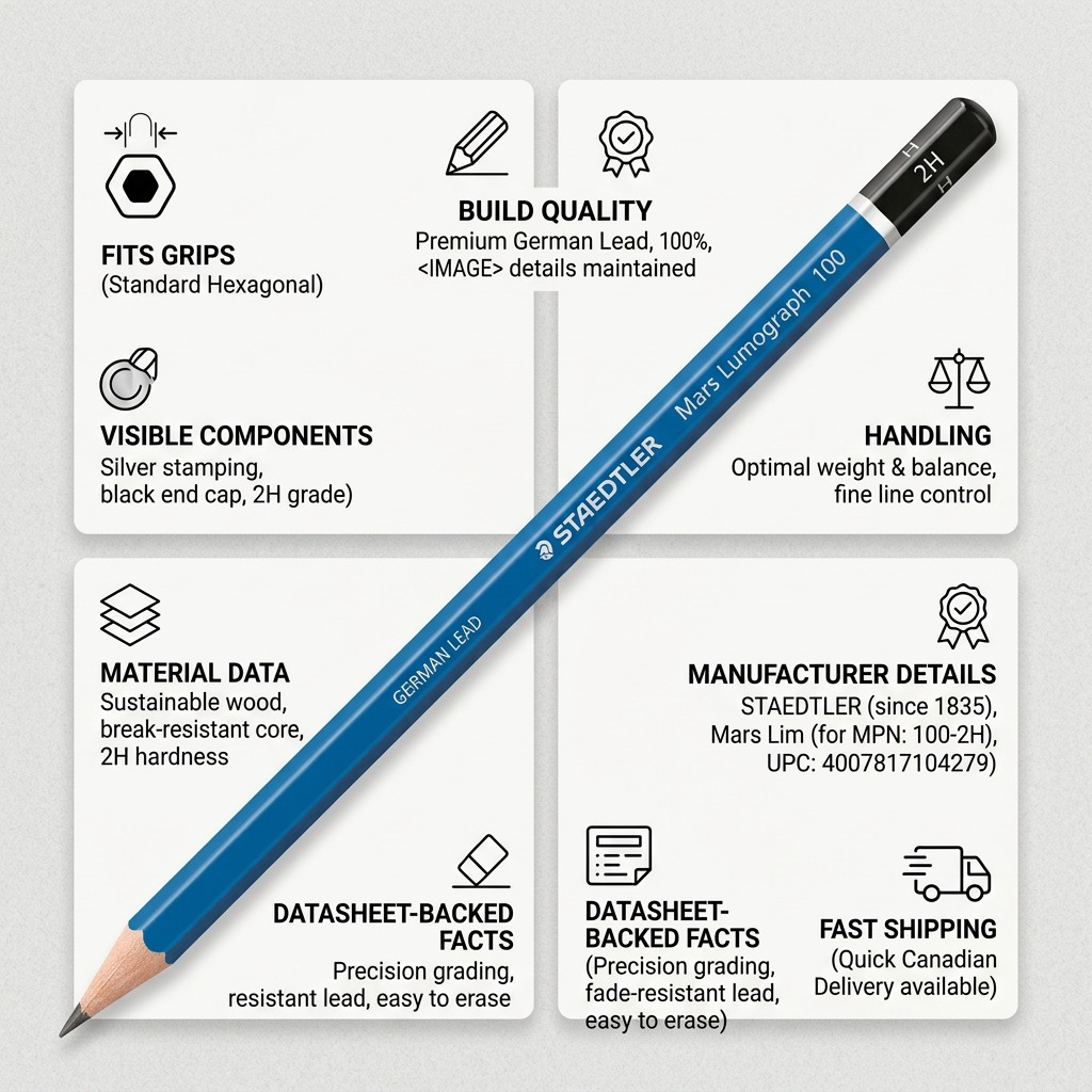 Trust and authority infographic matrix for STAEDTLER Mars Lumograph 100 2H pencil with factual icons and fast Canadian shipping info.