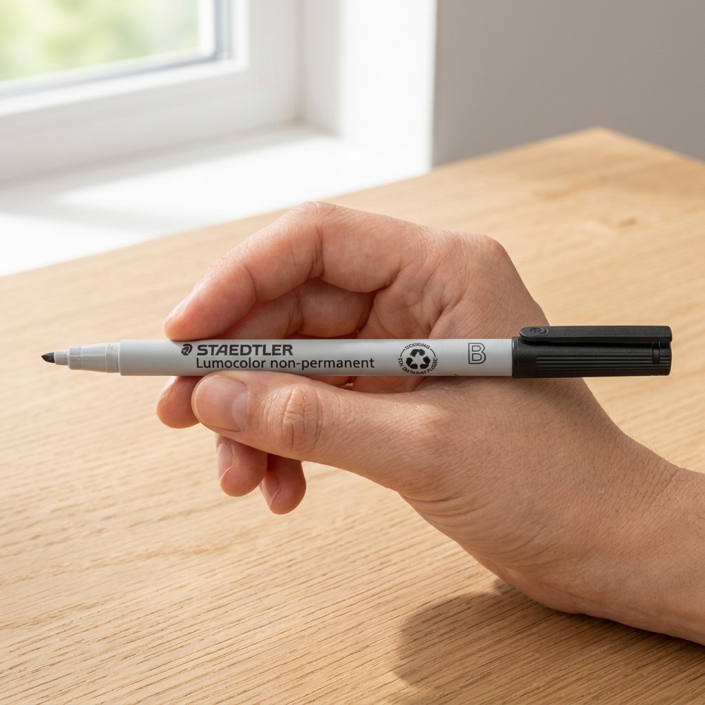 Close-up photo of a person holding the Staedtler Lumocolor non-permanent marker in their hand, demonstrating its real size.