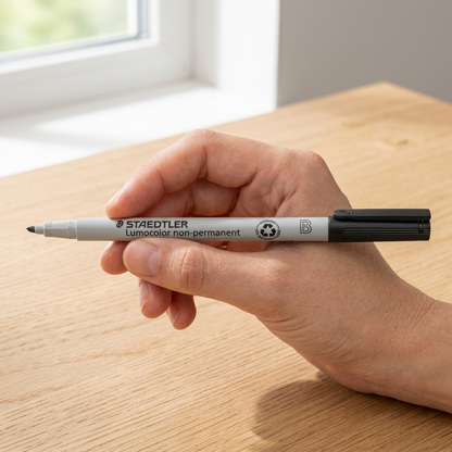 Close-up photo of a person holding the Staedtler Lumocolor non-permanent marker in their hand, demonstrating its real size.
