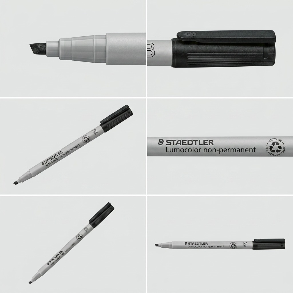 A 3x2 grid showing the black STAEDTLER Lumocolor non-permanent chisel marker from six different angles, including views of the chisel tip, cap details, body text, and a 3/4 perspective.