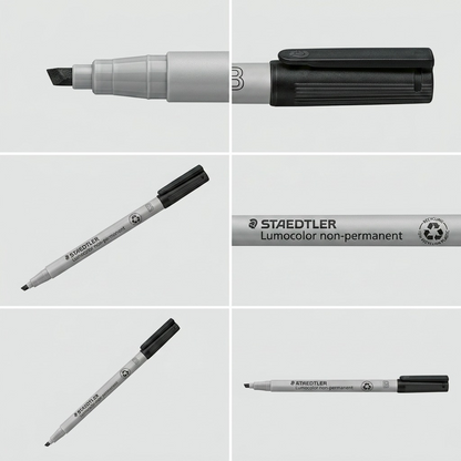 A 3x2 grid showing the black STAEDTLER Lumocolor non-permanent chisel marker from six different angles, including views of the chisel tip, cap details, body text, and a 3/4 perspective.