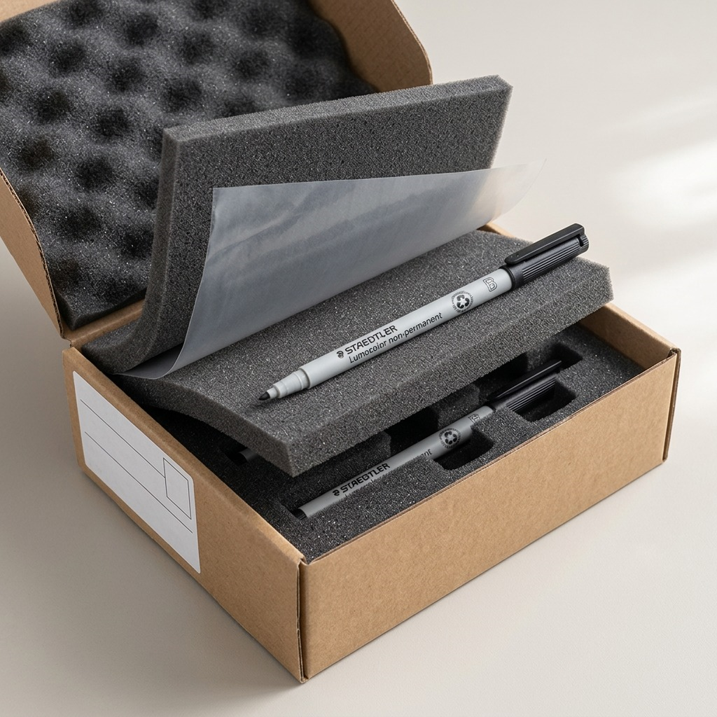 A Staedtler 312-9 black non-permanent marker rests safely inside protective, die-cut foam packaging during unboxing.