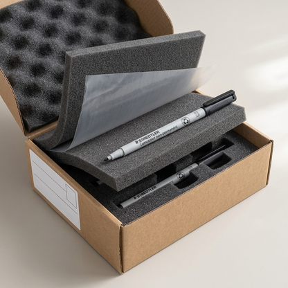 A Staedtler 312-9 black non-permanent marker rests safely inside protective, die-cut foam packaging during unboxing.