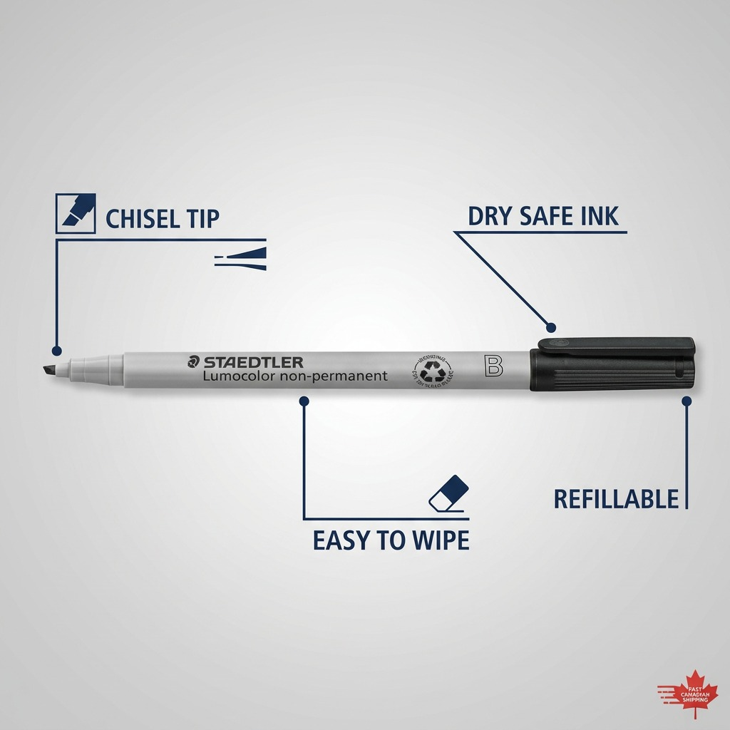 A feature graphic showing the STAEDTLER non-permanent marker from img_0.png, callouting key features to benefits like chisel tip, dry safe ink, and erasability.