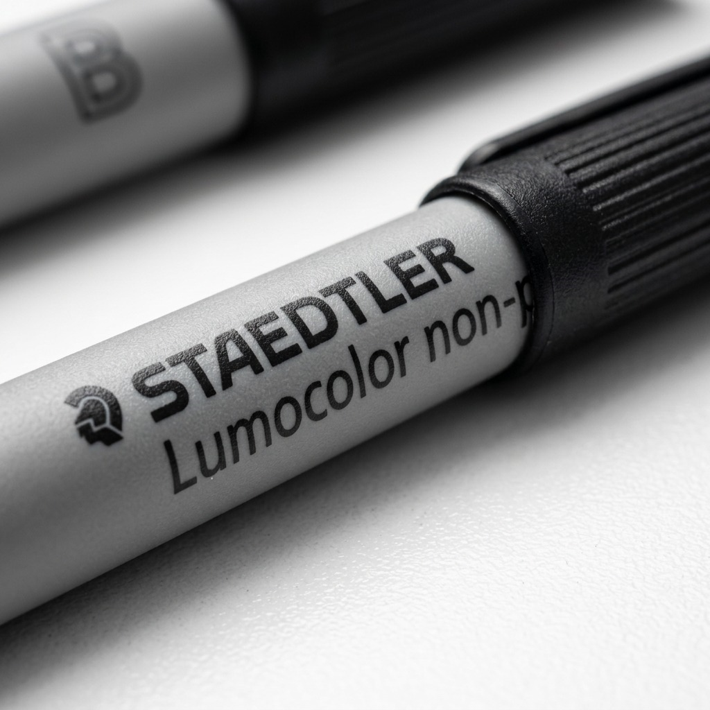 An extreme close-up photograph focuses on the fine details and texture of a marker's barrel that boasts a non-permanent and non-toxic formula for added safety. This image is part of an image matrix and shows multiple views detailing the properties and components of the marker. The marker has a grey barrel with black writing.
