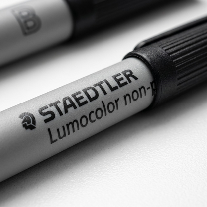 An extreme close-up photograph focuses on the fine details and texture of a marker's barrel that boasts a non-permanent and non-toxic formula for added safety. This image is part of an image matrix and shows multiple views detailing the properties and components of the marker. The marker has a grey barrel with black writing.