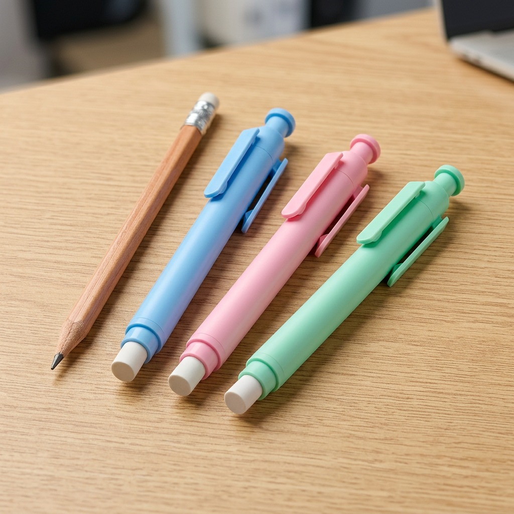 Three pastel retractable erasers sit next to a standard wooden pencil for scale on a light oak desk.