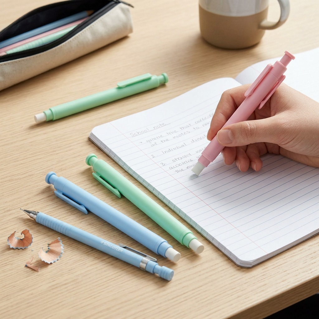 A hand holds a pink STAEDTLER stick eraser in a lifestyle office environment on a wooden desk with notebooks.