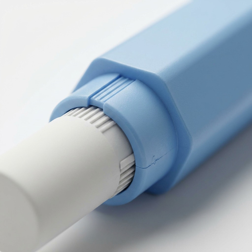 Macro photograph of the internal mechanism of a STAEDTLER retractable eraser, showing the blue advance guide tightly holding the fine, fibrous white eraser element.