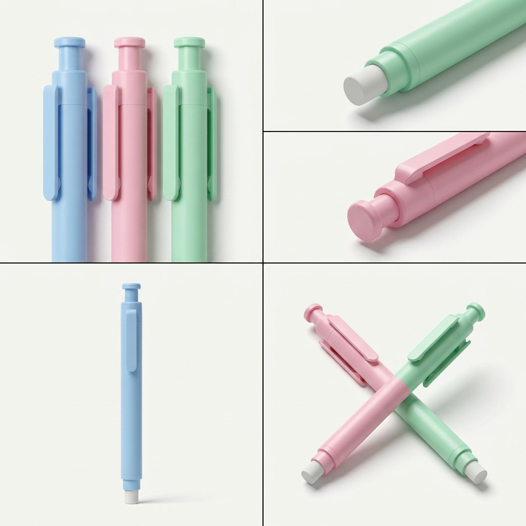 A multi-view product matrix grid showing three specific pastel-colored stick erasers and detailed components.