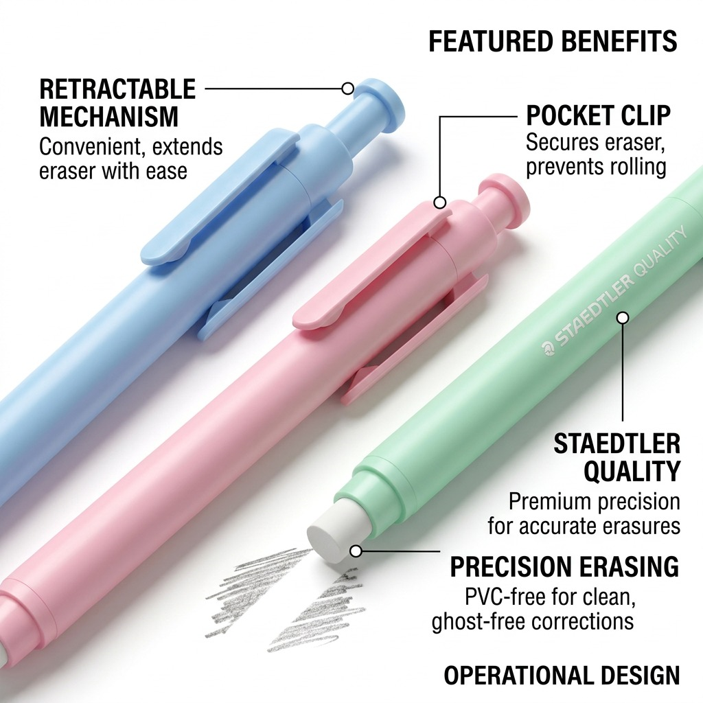 A product feature graphic showing three mechanical erasers with callouts for the push-button mechanism, pocket clip, branding, and erasing performance.