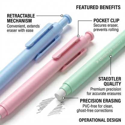 A product feature graphic showing three mechanical erasers with callouts for the push-button mechanism, pocket clip, branding, and erasing performance.