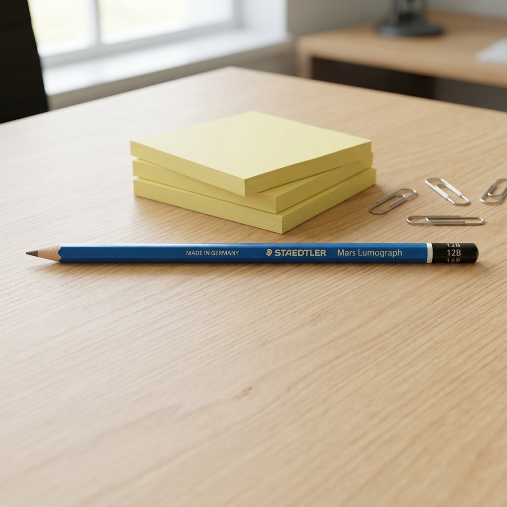 A photorealistic scale reference visualizing the length of the specific blue STAEDTLER Mars Lumograph 12B pencil next to three stacked sticky note pads and several metal paper clips on a wooden desk surface.