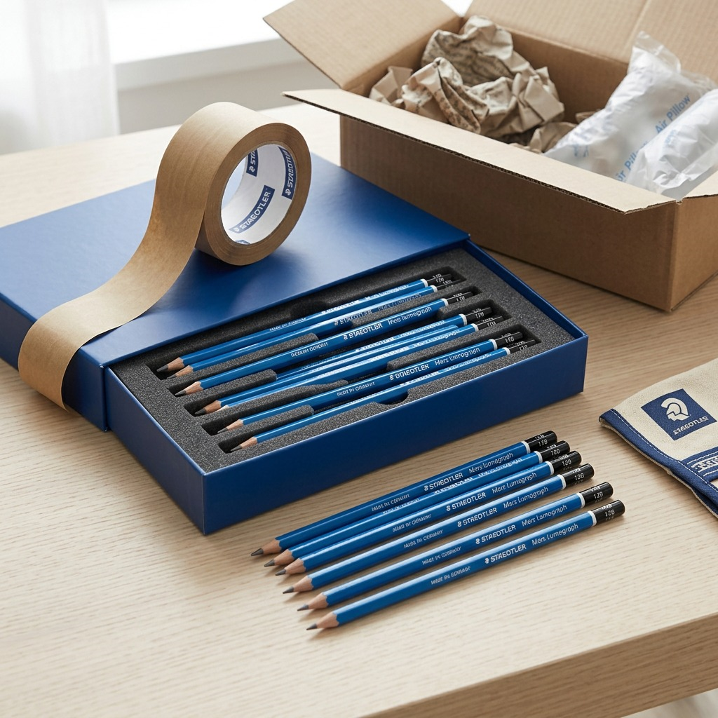 A high-angle photo shows a premium box and individual STAEDTLER Mars Lumograph 12B pencils arriving via mail.